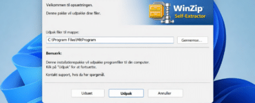 Screenshot fra test af WinZip Self-Extractor på Windows 11, hvor en selvudpakkende ZIP-fil udpakkes uden behov for ekstra komprimeringssoftware