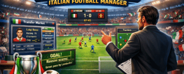Illustration af Allenatore Italian Football Manager, hvor en fodboldmanager styrer sit hold fra sidelinjen i et italiensk stadion med taktiske oversigter, kampstatistik og transferinformation på skærmen.