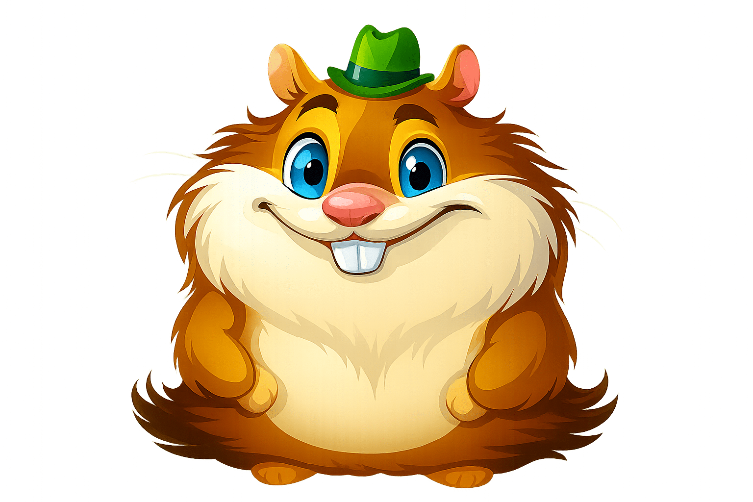 Hamster Free Zip Archiver - En fargerik illustrasjon av en glad, antropomorf hamster med store blå øyne, hvit mage og brun pels, som smiler vennlig mot kameraet på en grønn bakgrunn.