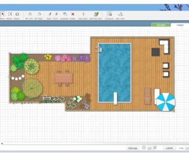 En terrasse med grønt og en pool designet i Garden Planner.