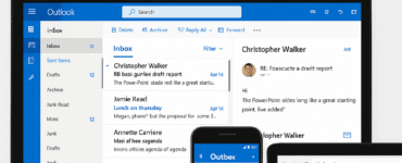 Microsoft Outlook vist på tre enheder – en bærbar computer med indbakke og e-mailvisning, en smartphone med Outlook-appens startskærm og en webbrowser med Outlooks webgrænseflade – alle mod en lys baggrund med Microsoft Outlook-logoet øverst.