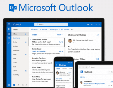 Microsoft Outlook vist på tre enheder – en bærbar computer med indbakke og e-mailvisning, en smartphone med Outlook-appens startskærm og en webbrowser med Outlooks webgrænseflade – alle mod en lys baggrund med Microsoft Outlook-logoet øverst.