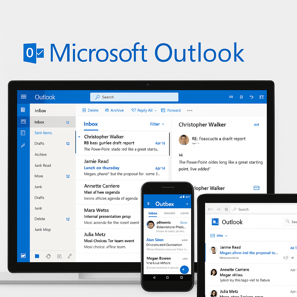 Microsoft Outlook vist på tre enheder – en bærbar computer med indbakke og e-mailvisning, en smartphone med Outlook-appens startskærm og en webbrowser med Outlooks webgrænseflade – alle mod en lys baggrund med Microsoft Outlook-logoet øverst.