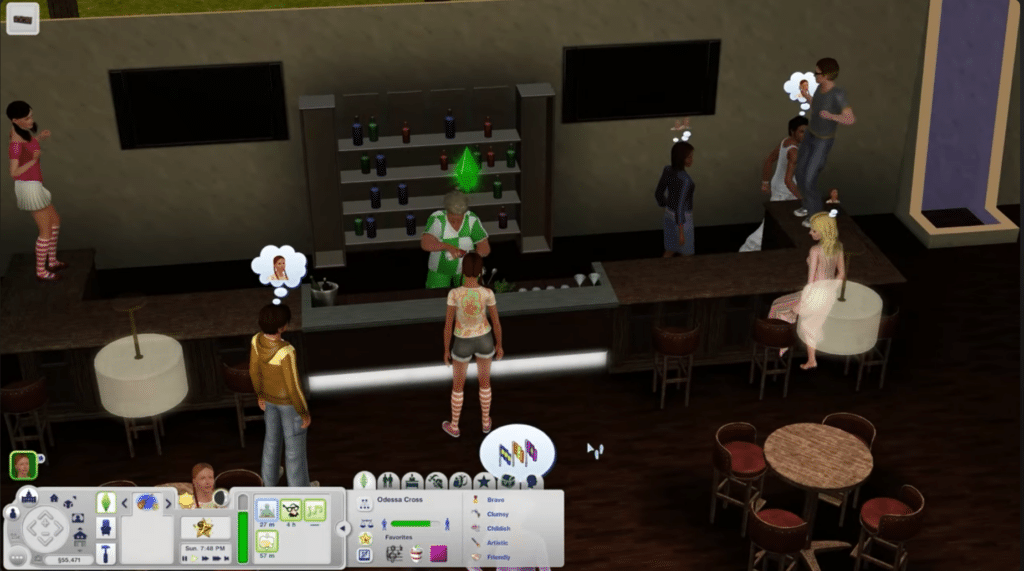 The Sims 3 party at a bar with Sims, a bartender, and atmospheric nightlife
