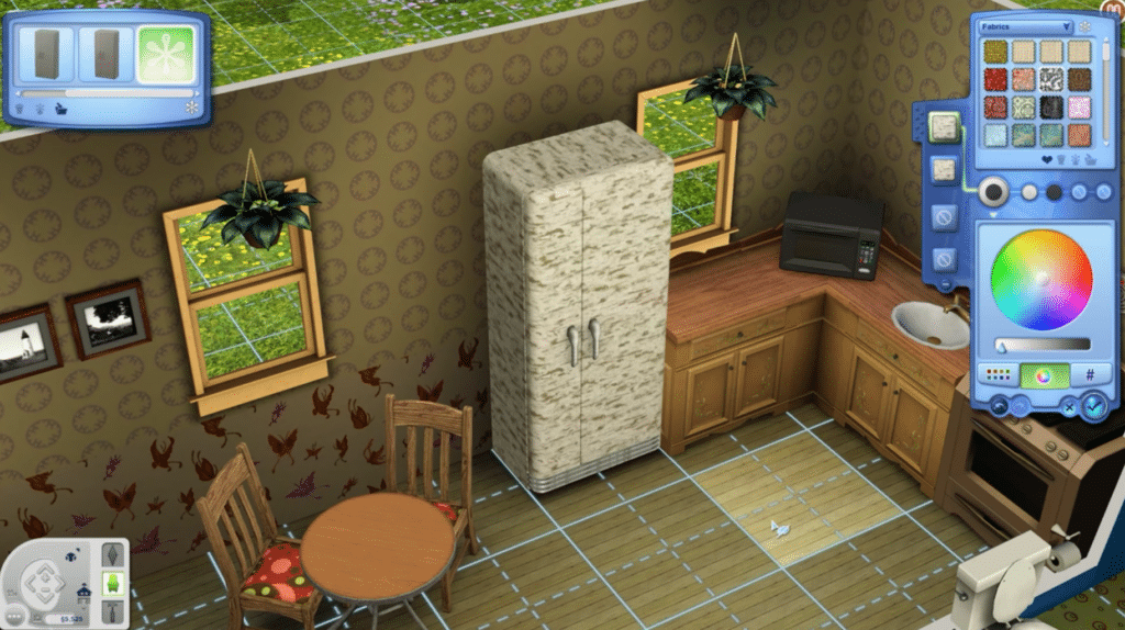 The Sims 3 build and buy mode with a kitchen, color picker, and fabric patterns on screen