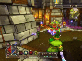 Gameplay fra Dungeon Defenders, hvor spilleren bekæmper fjender i en borg med magi og tårnbaseret forsvar