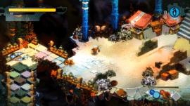 Gameplay fra Bastion med The Kid på en svævende platform i den farverige, håndtegnede verden