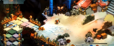 Gameplay fra Bastion med The Kid på en svævende platform i den farverige, håndtegnede verden