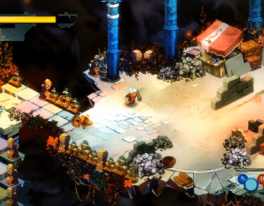 Gameplay fra Bastion med The Kid på en svævende platform i den farverige, håndtegnede verden