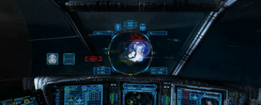 Cockpit-visning i Arvoch Alliance, hvor vi sigter på et fjendtligt mål i rummet med HUD, radar og våbensystemer synlige på skærmene.
