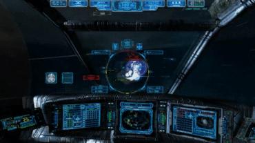 Cockpit-visning i Arvoch Alliance, hvor vi sigter på et fjendtligt mål i rummet med HUD, radar og våbensystemer synlige på skærmene.