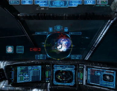 Cockpit-visning i Arvoch Alliance, hvor vi sigter på et fjendtligt mål i rummet med HUD, radar og våbensystemer synlige på skærmene.