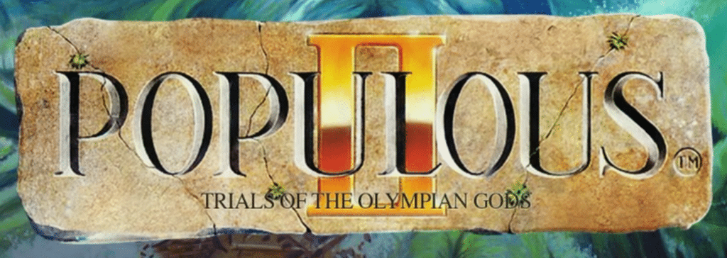 Populous II: Trials of the Olympian Gods – officielt logo på stentavle med romertal II i guld.