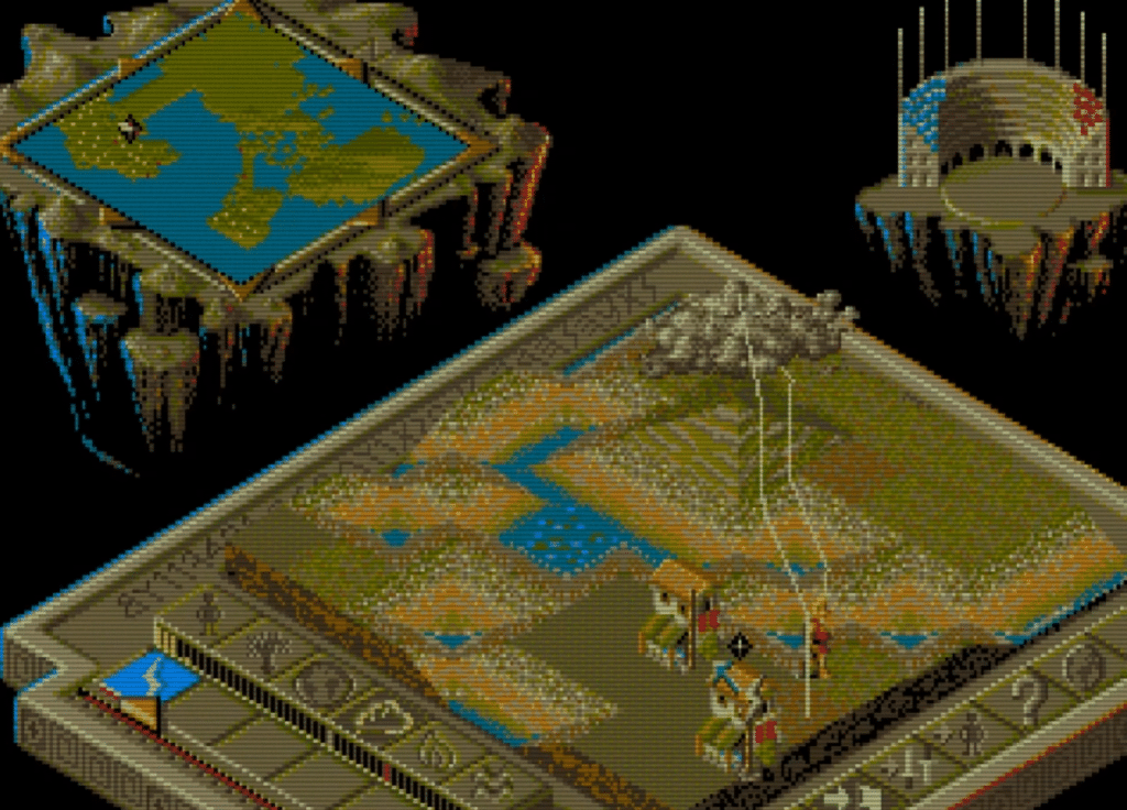 Gameplay-screenshot fra Populous II med isometrisk verdenskort, floder og landskab samt lyn/gudekræfter over en base.