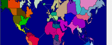 TurboRisk verdenskort med farvede territorier og landegrænser i et klassisk Risk-interface på Windows.