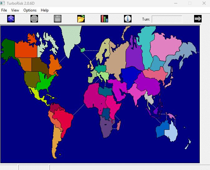 TurboRisk world map with colored territories and country borders in a classic Risk interface on Windows.