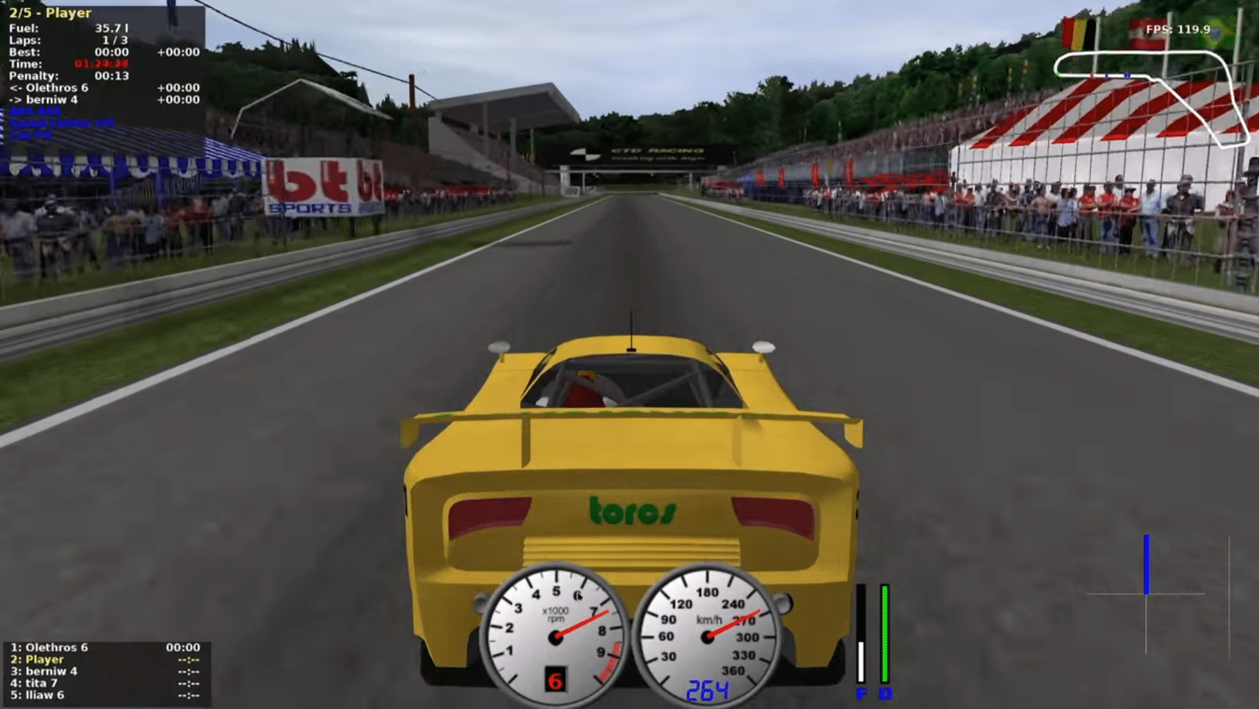 TORCS in third-person view on a racetrack, where a yellow GT car accelerates down the main straight with the speedometer and lap times shown in the HUD.