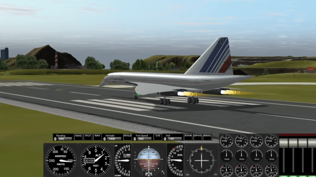 Rigs of Rods airplane on a runway in 3D, with cockpit instruments visible at the bottom of the screen