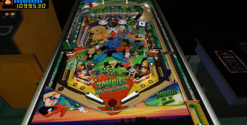Skjermbilde fra Future Pinball med et fargerikt 3D-pinball-bord (Zombies Ate My Neighbors), flippere, ramper og poengtavle øverst.