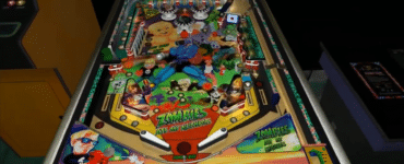 Screenshot fra Future Pinball med et farverigt 3D-pinballbord (Zombies Ate My Neighbors), flippers, ramps og scoretavle øverst.