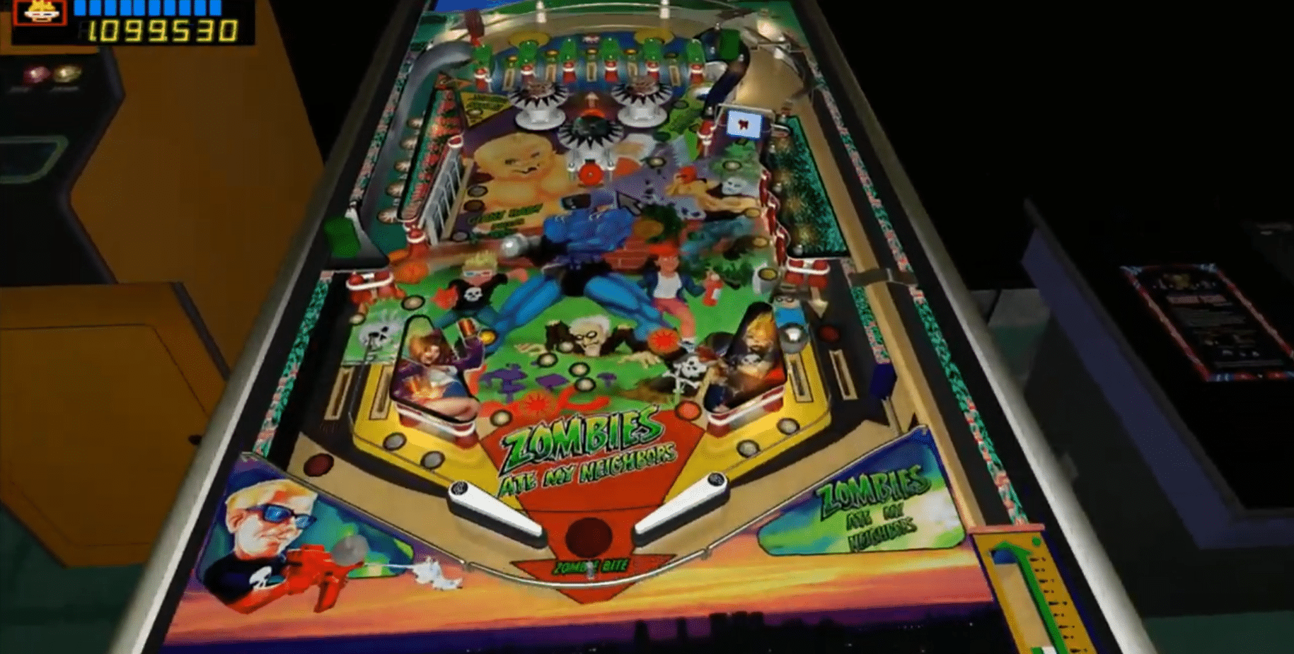 Screenshot from Future Pinball with a colorful 3D pinball table (Zombies Ate My Neighbors), flippers, ramps, and a scoreboard at the top.