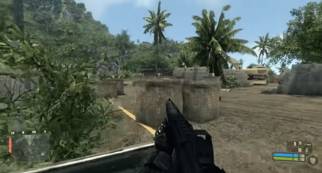 Crysis demo gameplay med våben i første person ved en militærlejr på tropisk ø