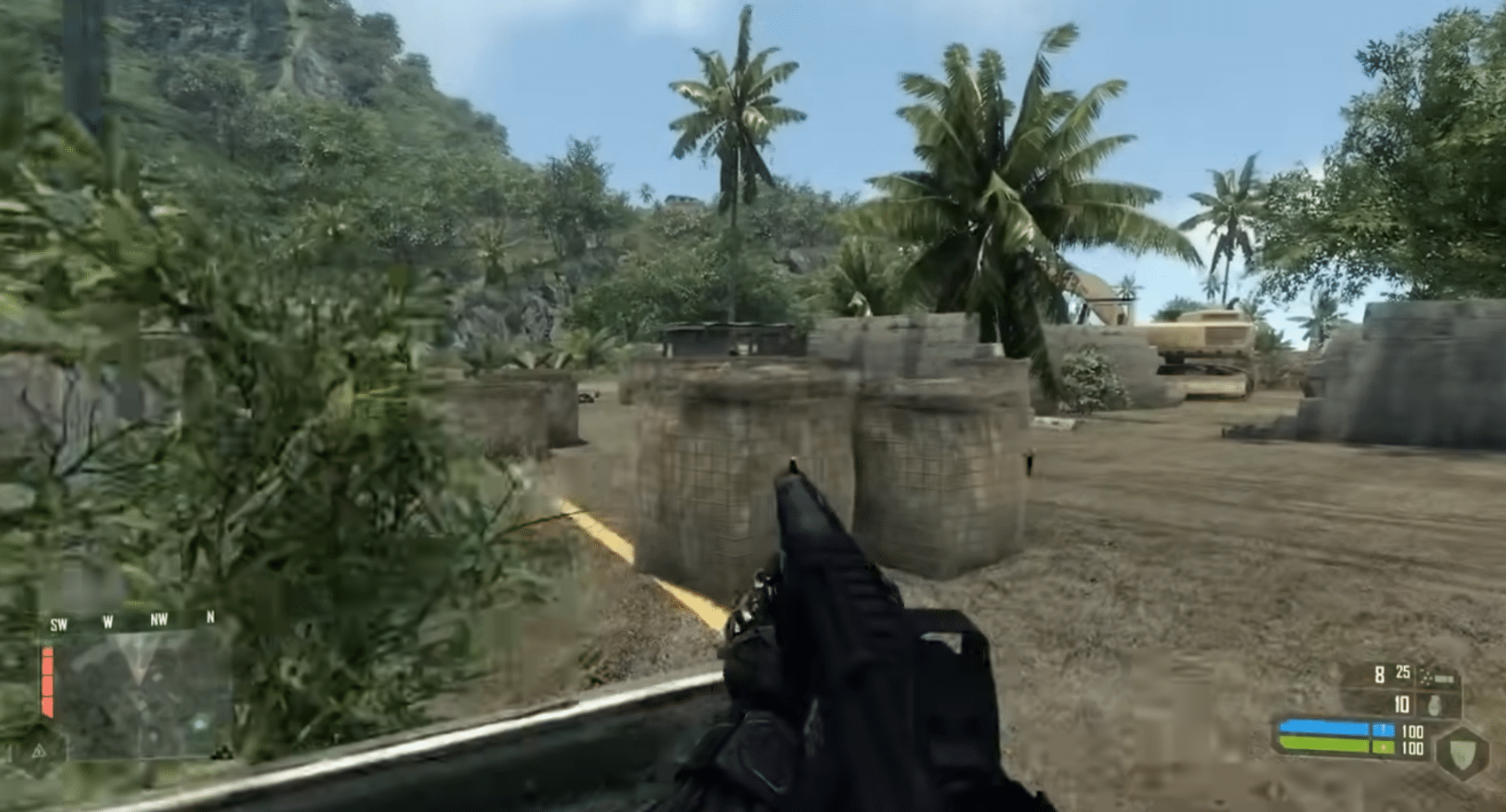 Crysis demo gameplay in first person at a military camp on a tropical island