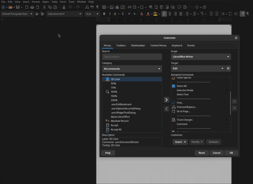 LibreOffice Writer i mørkt tema med vinduet “Customize” åbent, hvor man kan tilpasse menuer og genveje samt se tilgængelige og tildelte kommandoer.