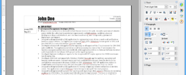 Screenshot af Apache OpenOffice Writer, hvor et CV i ODT-format er åbent, og værktøjslinjen samt sidepanelet “Properties” kan ses til højre.