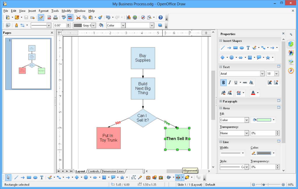 Screenshot af Apache OpenOffice Draw, hvor et simpelt flowchart med bokse og pile er åbent, med sidepanelet “Properties” til højre og sidelayout-visning til venstre.