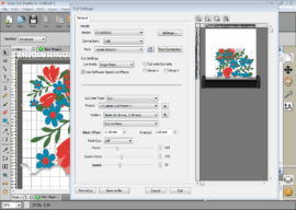 Easy Cut Studio med åbne cut settings, hvor et blomsterdesign klargøres til udskæring på en Mimaki-skæreplotter.