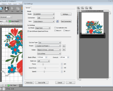 Easy Cut Studio med åbne cut settings, hvor et blomsterdesign klargøres til udskæring på en Mimaki-skæreplotter.