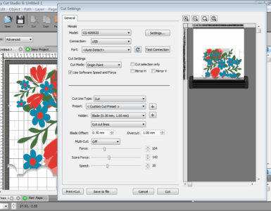 Easy Cut Studio med åbne cut settings, hvor et blomsterdesign klargøres til udskæring på en Mimaki-skæreplotter.