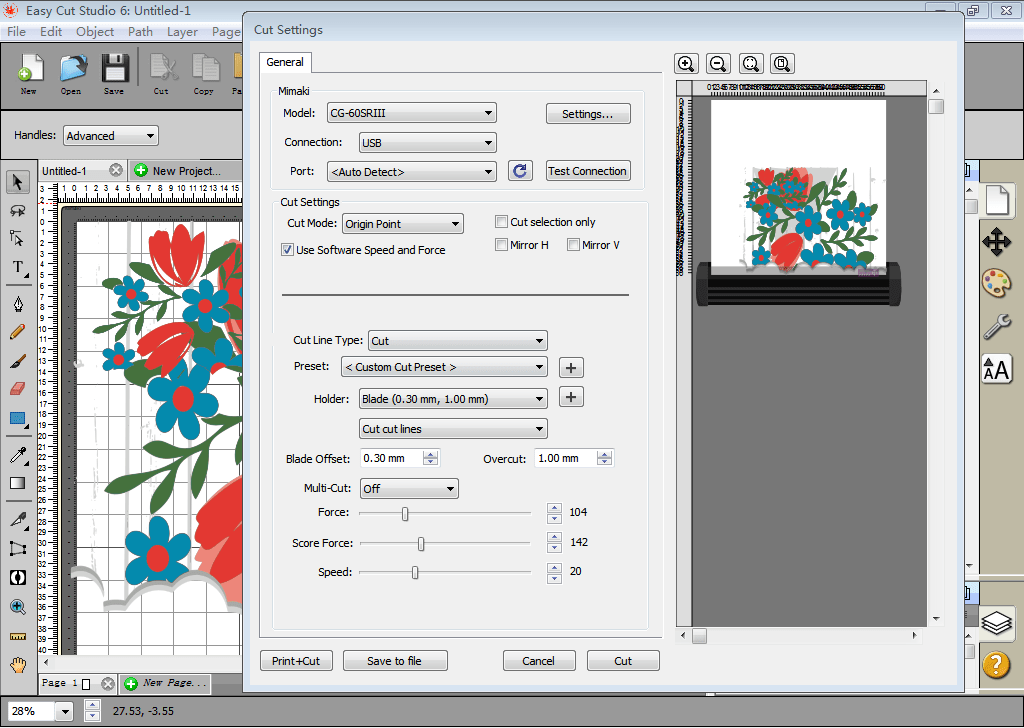 Easy Cut Studio mit geöffneten Schnitteinstellungen, in denen ein Blumendesign für den Zuschnitt auf einem Mimaki-Schneideplotter vorbereitet wird.