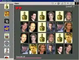 Skærmbillede af spillet Absolute Memory, der viser et vendespil med kendte Hollywood-ansigter og Oscar-statuetter som motiver. Spillets brugerflade har temaer i venstre side og to hjerter i øverste venstre hjørne.