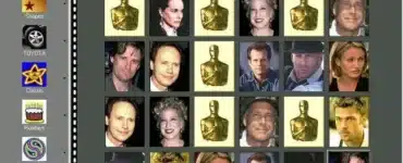 Skærmbillede af spillet Absolute Memory, der viser et vendespil med kendte Hollywood-ansigter og Oscar-statuetter som motiver. Spillets brugerflade har temaer i venstre side og to hjerter i øverste venstre hjørne.