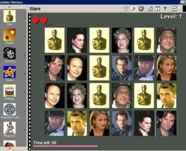 Skærmbillede af spillet Absolute Memory, der viser et vendespil med kendte Hollywood-ansigter og Oscar-statuetter som motiver. Spillets brugerflade har temaer i venstre side og to hjerter i øverste venstre hjørne.