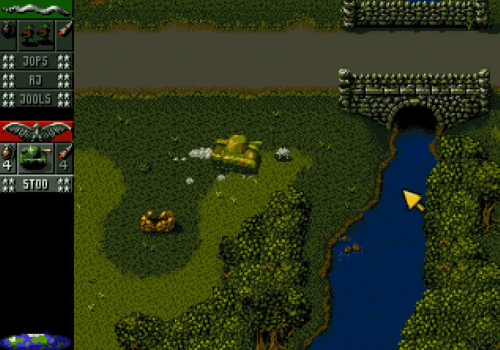 Cannon Fodder gameplay-screenshot taget under Download.dk’s test – kampvogn ved flod og bro