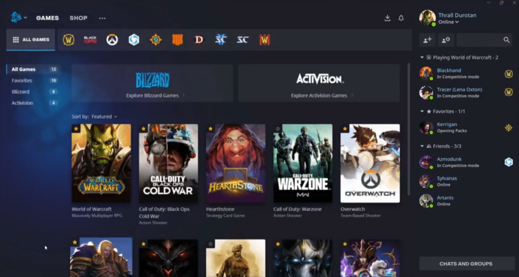 Screenshot des Battle.net-Clients unter Windows 11 während unseres Tests, mit geöffneter Spielebibliothek (WoW, Hearthstone, Warzone und Overwatch).