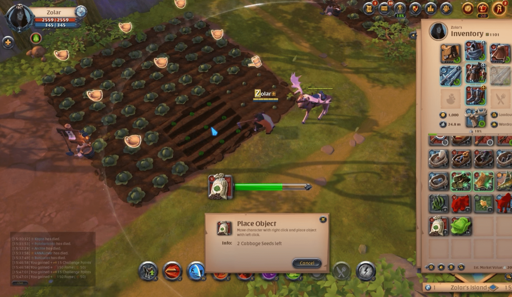 Skjermbilde fra vår test av Albion Online, der vi planter kålfrø på øygården vår og har inventaret åpent.