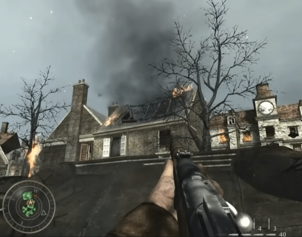 Screenshot from our test of Call of Duty: World at War, with the player aiming a WWII rifle at a burning building in a bombed-out city shrouded in heavy smoke and fire.