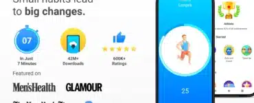 Seven – 7 Minute Workout træningsapp på mobil, der viser 7 minutters hjemmetræning med kropsvægt, øvelser, fremskridt og gamification-elementer.