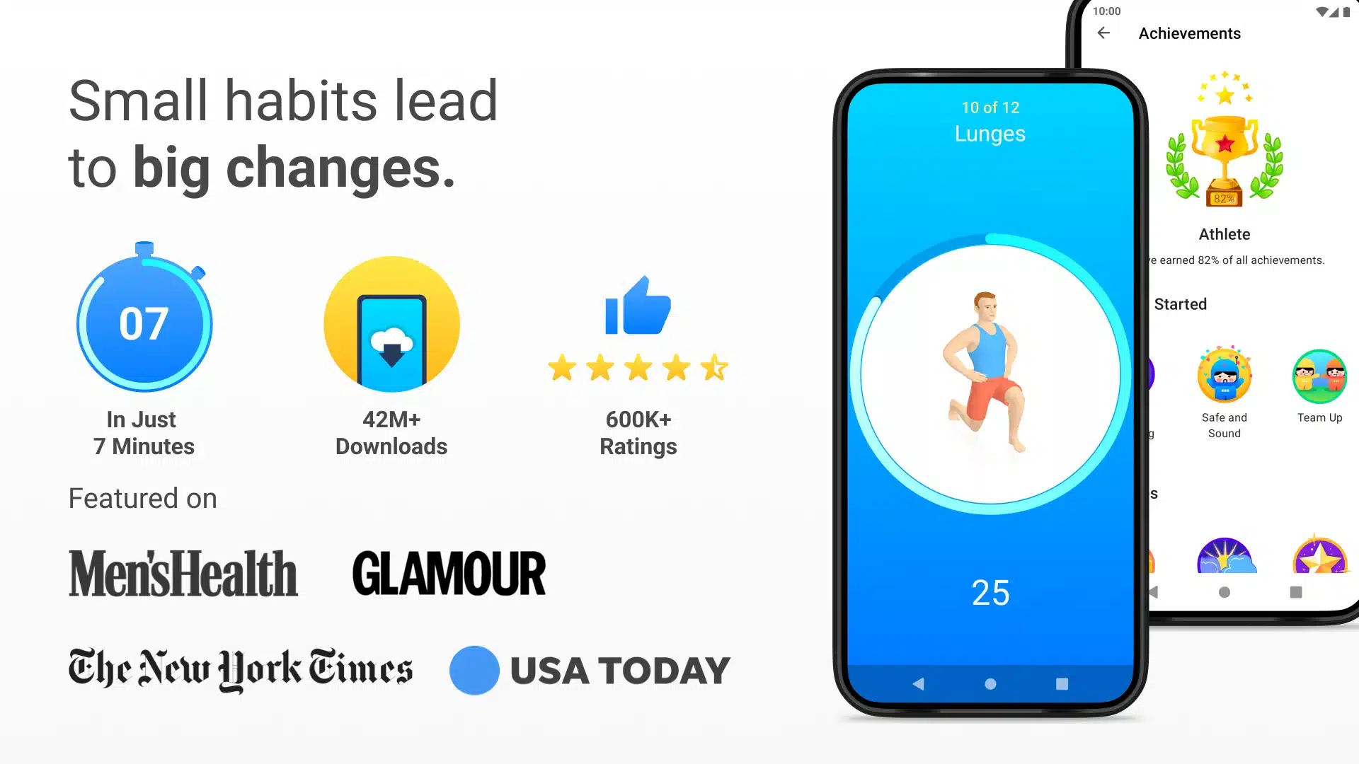 Seven – 7 Minute Workout fitness app on a phone, showing a 7-minute bodyweight home workout, exercises, progress, and gamification elements.