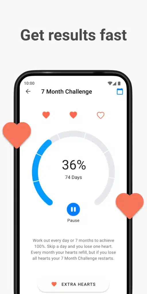Seven – 7 Minute Workout træningsapp på Android, der viser 7 Month Challenge, fremskridt i procent, daglig hjemmetræning og gamification med hjerter.