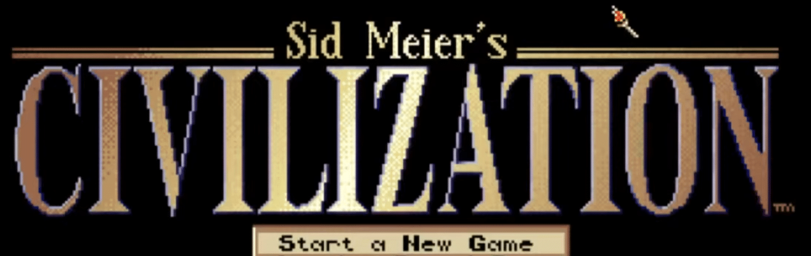Skjermbilde fra vår test av Sid Meier’s Civilization (1991) med spillets tittelskjerm/logo og menyvalget «Start a New Game».