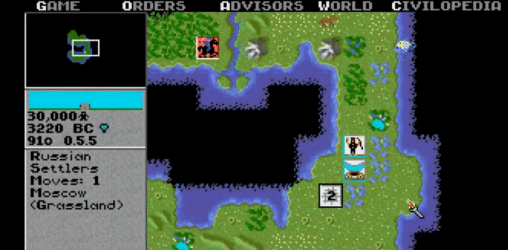 Skærmbillede fra vores test af Sid Meier’s Civilization (1991), hvor verdenskortet vises med kystlinje og terræn, samt venstremenuen med enheder (Russian Settlers), tur-årstal (3220 BC) og byen Moscow.