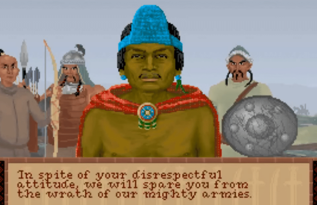 Skærmbillede fra vores test af Sid Meier’s Civilization (1991), hvor en diplomatisk samtale vises med en leder-portræt og tekstboksen nederst, der advarer om konsekvenserne af din “disrespectful attitude”.