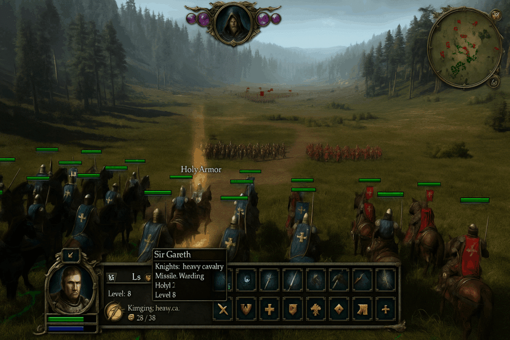 Screenshot fra vores test af King Arthur II på PC, hvor vi leder ridderne i et stort slag. I forgrunden ses Sir Gareth og hans kavaleri med Holy Armor-evnen aktiveret, mens fjendtlige tropper rykker frem i baggrunden.