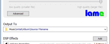 Skærmbillede af dBpoweramp Music Converter, hvor lydfiler konverteres til MP3 med LAME encoder, variabel bitrate (VBR) og høj kvalitet, samt indstillinger for output-mappe og DSP-effekter som volumen-normalisering og trimning af stilhed.