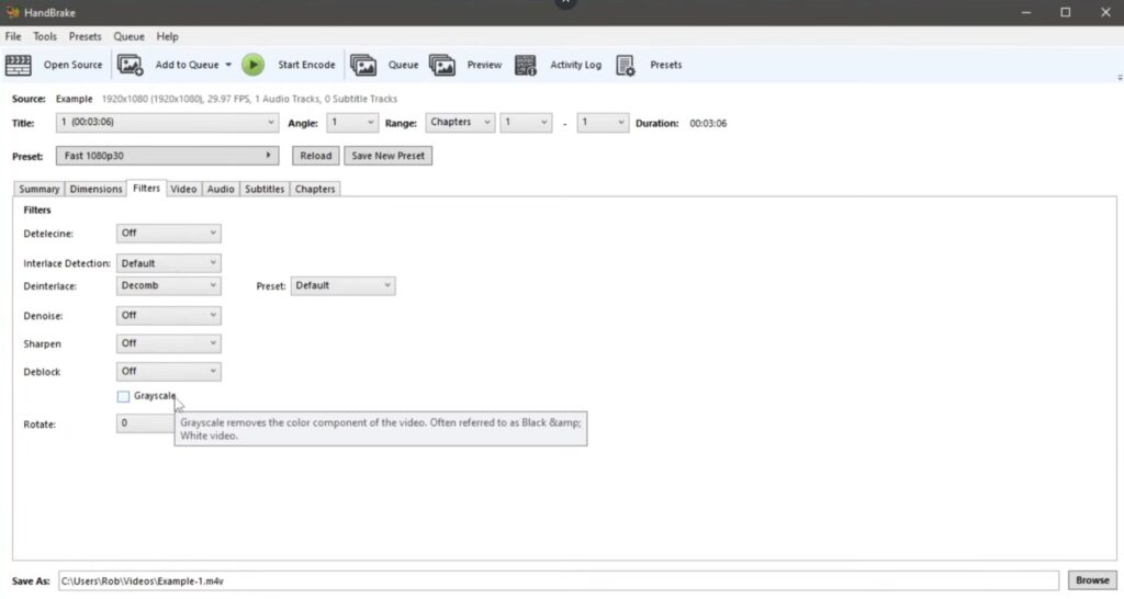 HandBrake-Registerkarte „Filters“ unter Windows, mit Optionen für Deinterlace, Rauschreduzierung, Schärfe und Graustufen während der Videokonvertierung.